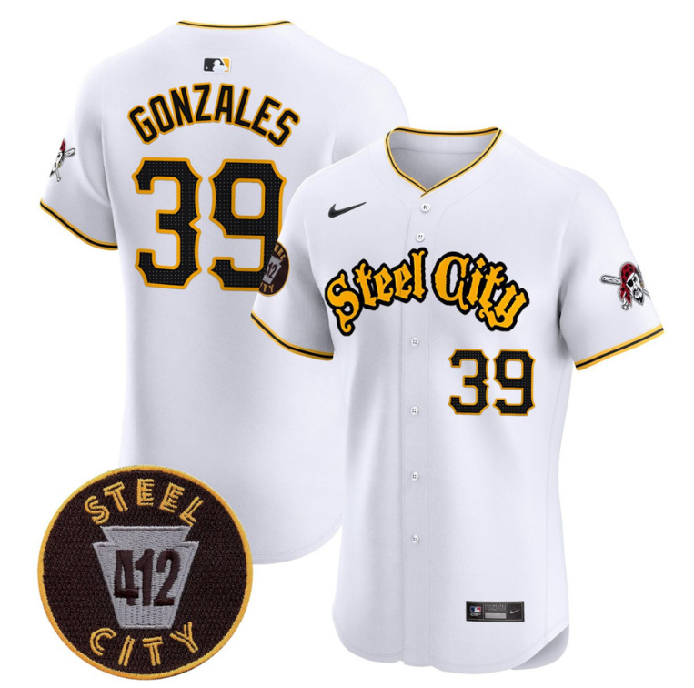Nick Gonzales Jersey #39 Pittsburgh Pirates 412 Patch White Premier Limited Stitched Flex Base