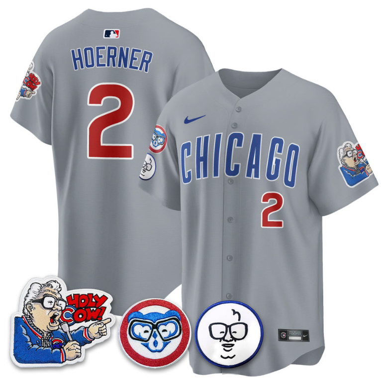 Nico Hoerner Jersey #2 Chicago Cubs Harry Caray Holy Cow Patch Premier Limited Stitched Gray