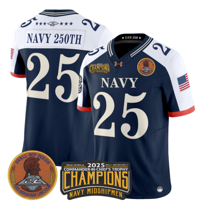 Navy 250th Jersey #25 Navy Midshipmen 2025 Trophy Champions Patch Stitched Navy Alternate