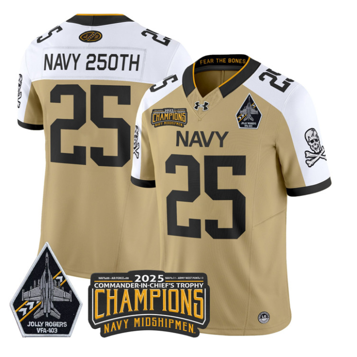 Navy 250th Jersey #25 Navy Midshipmen Jolly Rogers 2025 Trophy Stitched Gold Alternate