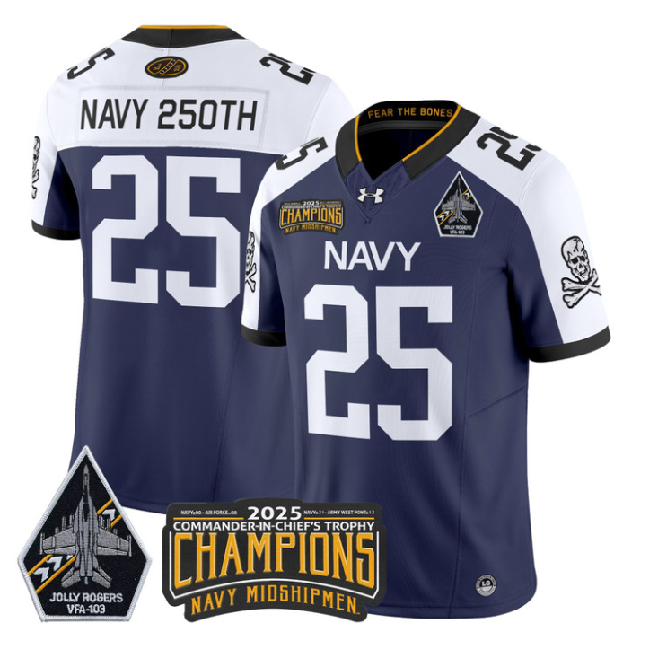 Navy 250th Jersey #25 Navy Midshipmen Jolly Rogers 2025 Trophy Stitched Navy Alternate
