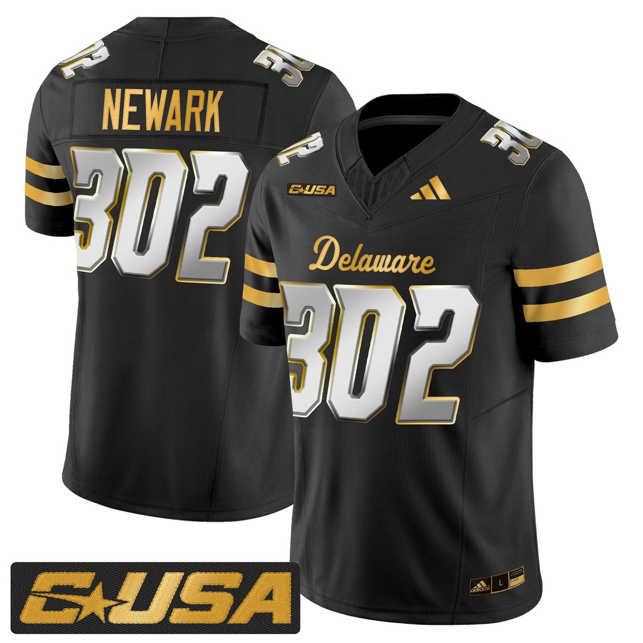 Newark Jersey #302 Delaware Blue Hens 2025 Gold Vapor Stitched