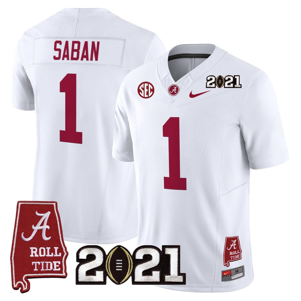 Nick Saban Jersey #1 Alabama 2021 CFP Championship Alabama Map White