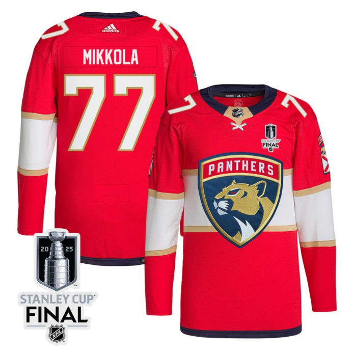 Niko Mikkola 77 Florida Panthers 2025 STANLEY CUP Final Patch Home Men Jersey Red