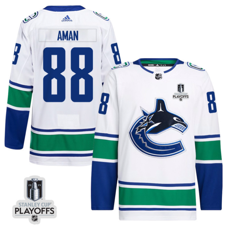 Nils Aman 88 Vancouver Canucks 2024 NHL Playoffs Patch Away Jersey - Men, White
