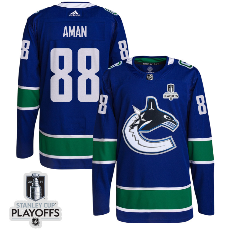 Nils Aman 88 Vancouver Canucks 2024 NHL Playoffs Patch Home Jersey - Men, Blue