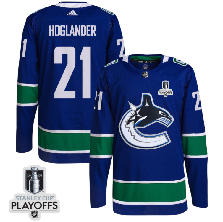 Nils Hoglander 21 Vancouver Canucks 2024 NHL Playoffs Patch Home Jersey - Men, Blue
