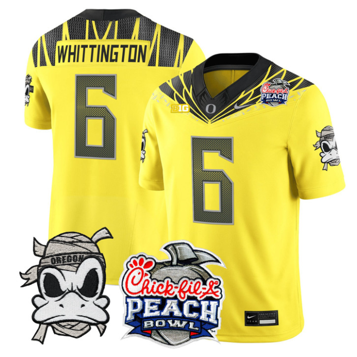 Noah Whittington Jersey #6 Oregon Ducks Mummy Duck 2026 Peach Bowl Yellow