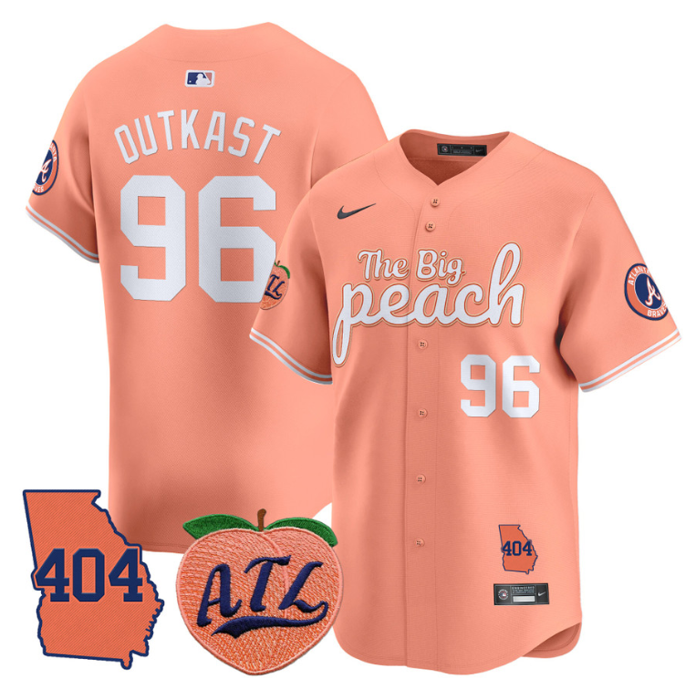 Outkast Jersey #96 Atlanta Braves 404 & The Big Peach Premier Limited Stitched Peach
