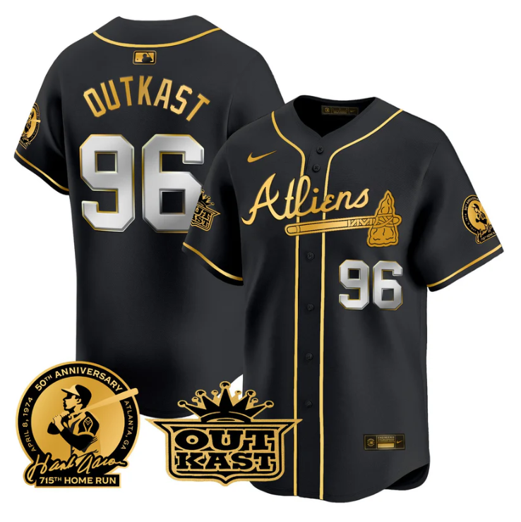 OutKast Jersey #96 Atlanta Braves Atliens Hank Aaron Patch Limited Stitched Black Gold