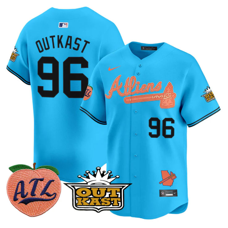 Outkast Jersey #96 Atlanta Braves Atliens Peach Vapor Premier Limited Stitched Light Blue