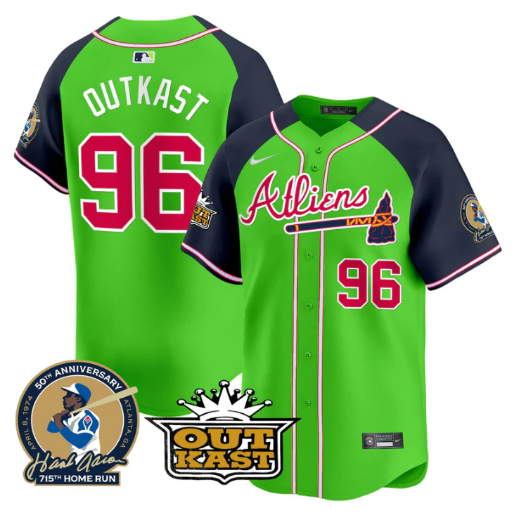 OutKast Jersey #96 Atlanta Braves Atliens Hank Aaron Patch Limited Stitched Green Alternate