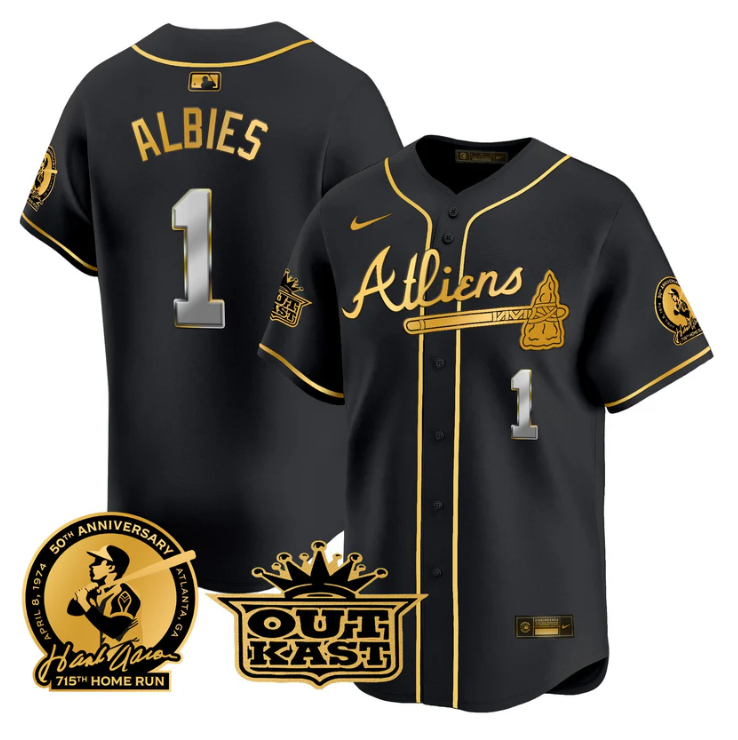 Ozzie Albies Jersey #1 Atlanta Braves Atliens Hank Aaron Patch Limited Stitched Black Gold