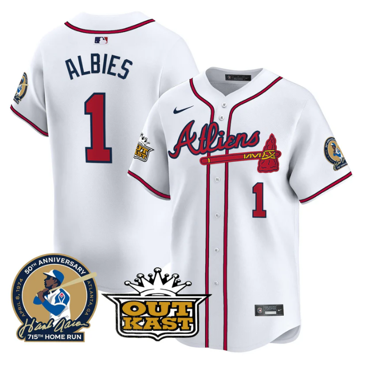 Ozzie Albies Jersey #1 Atlanta Braves Atliens Hank Aaron Patch Limited Stitched