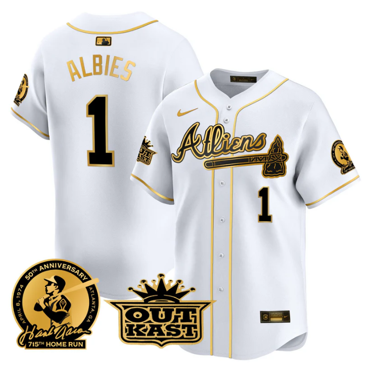 Ozzie Albies Jersey #1 Atlanta Braves Atliens Hank Aaron Patch Limited Stitched White Gold