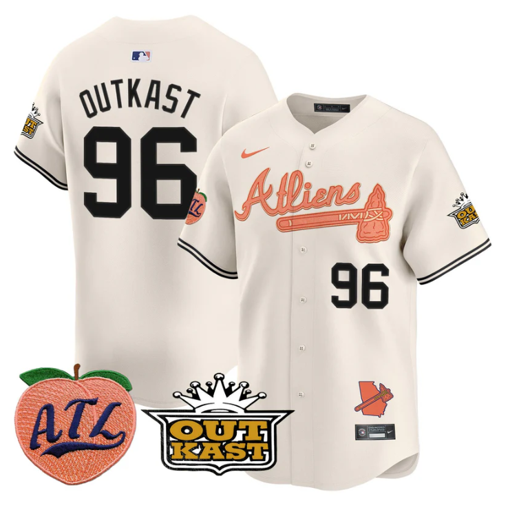 Outkast Jersey #96 Atlanta Braves Atliens Peach Vapor Premier Limited Stitched Cream