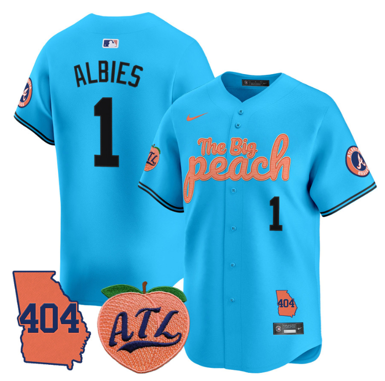 Ozzie Albies Jersey #1 Atlanta Braves 404 & The Big Peach Premier Limited Stitched Light Blue