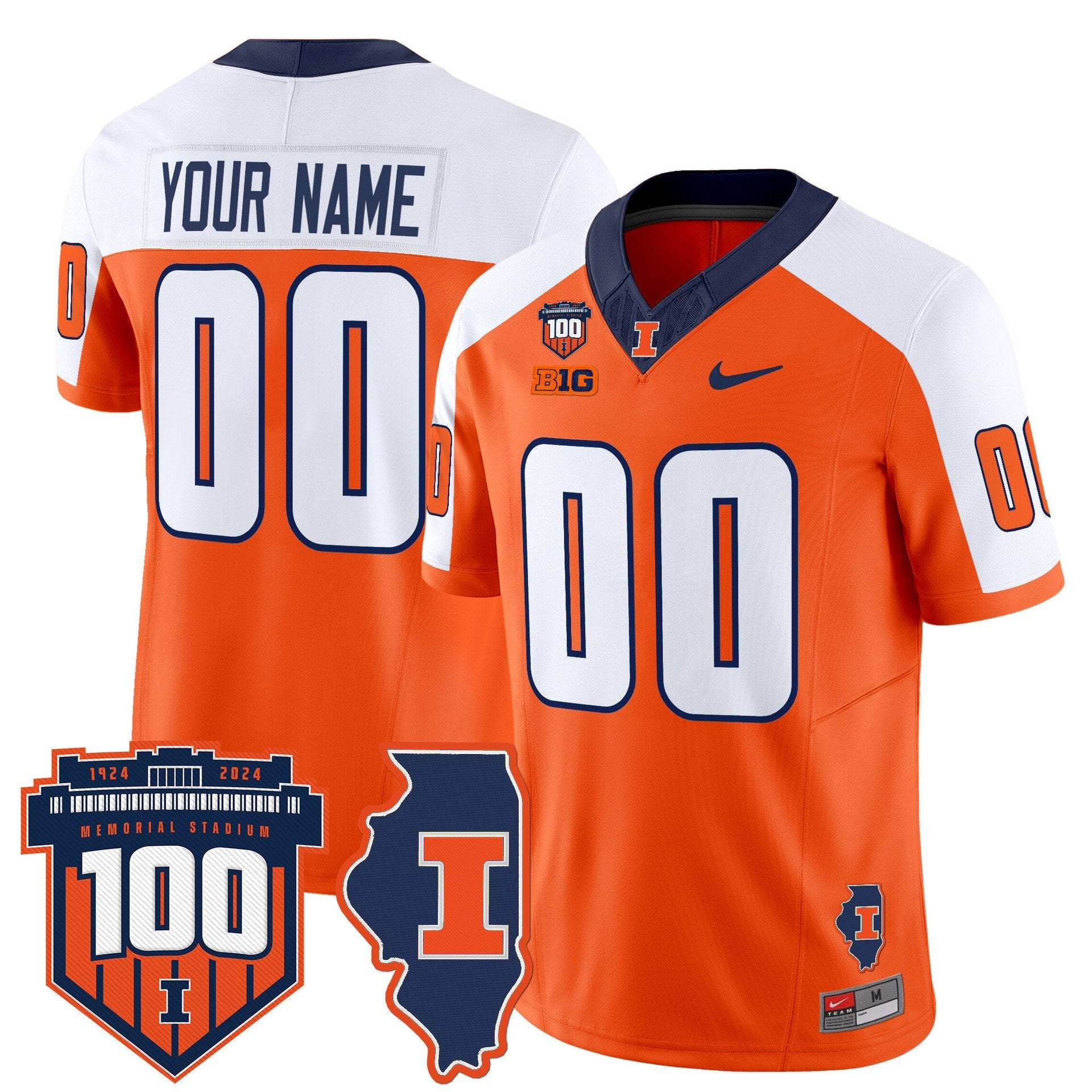 Custom Illinois Fighting Jersey Name, Number 100th Memorial Stadium Orange Alter