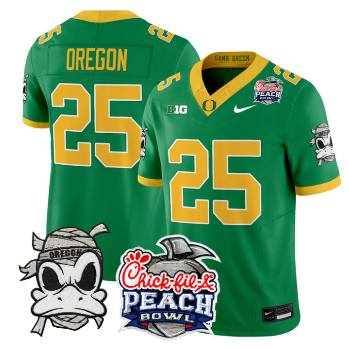 Oregon Jersey #25 Oregon Ducks Mummy Duck 2026 Peach Bowl Stitched Green