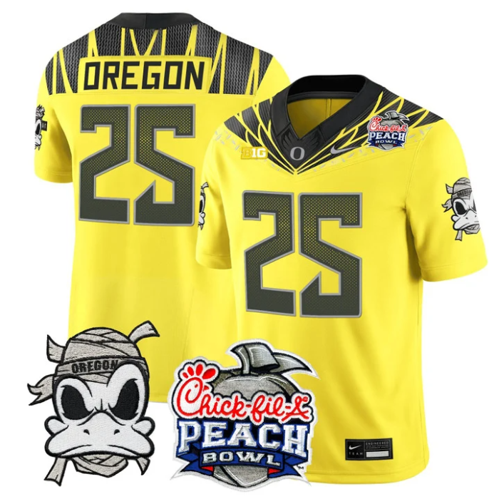 Oregon Jersey #25 Oregon Ducks Mummy Duck 2026 Peach Bowl Stitched Yellow
