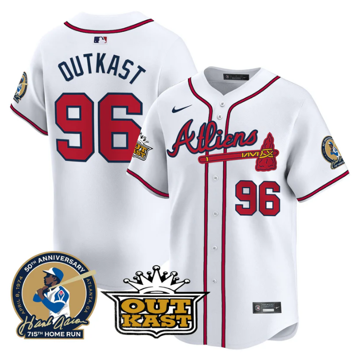 OutKast Jersey #96 Atlanta Braves Atliens Hank Aaron Patch Limited Stitched White