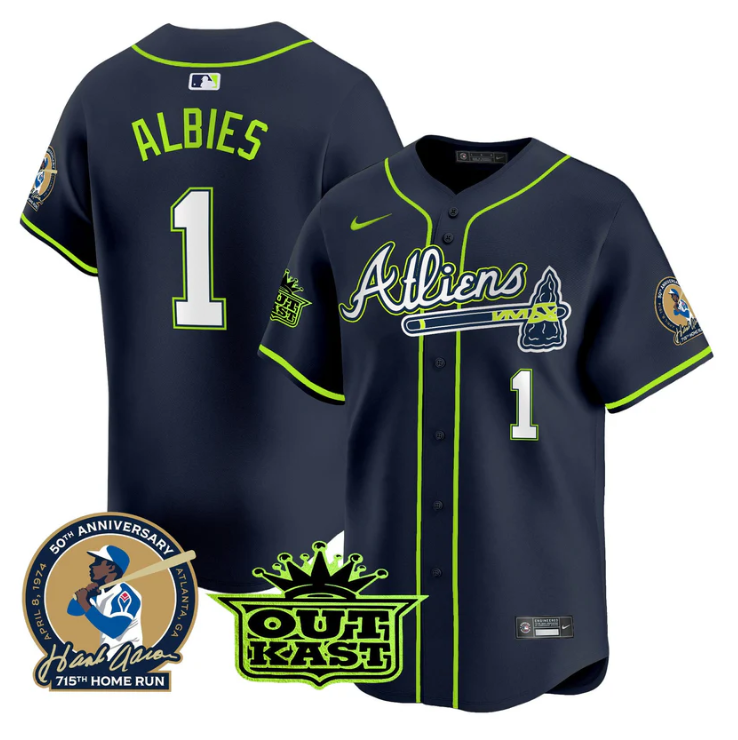 Ozzie Albies Jersey #1 Atlanta Braves Atliens Hank Aaron Patch Limited Stitched
