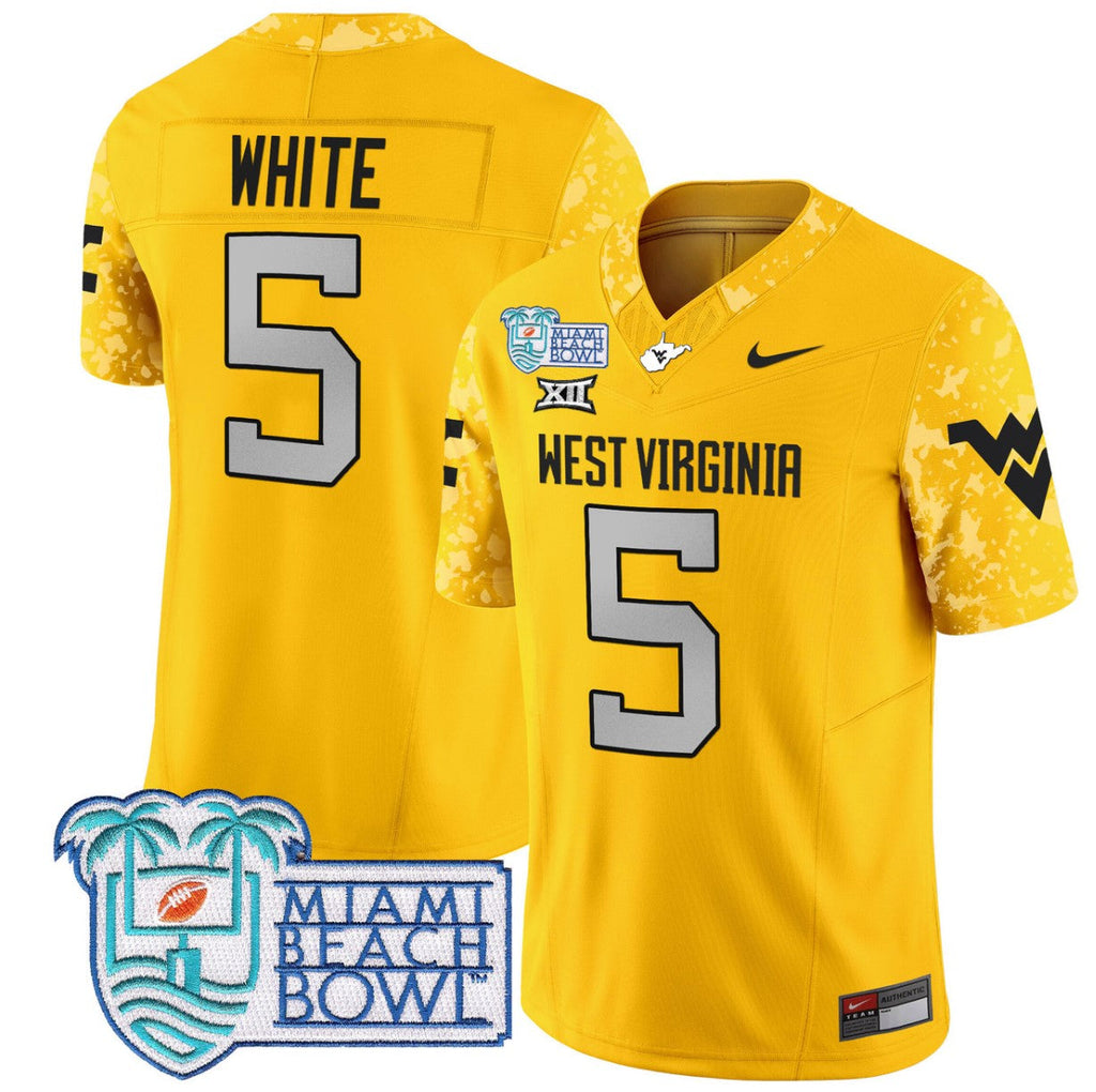 Pat White Jersey #5 West Virginia Mountaineers 2025 Miami Beach Bowl Gold