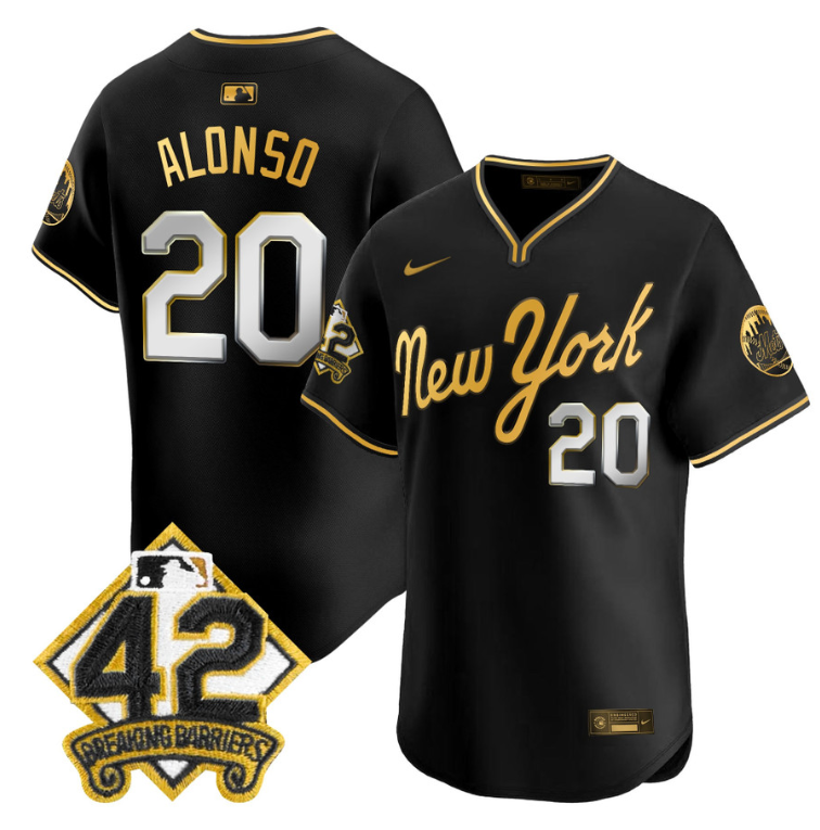 Pete Alonso Jersey #20 New York Mets 2025 Jackie Robinson Patch Road Alternate Stitched Black Gold