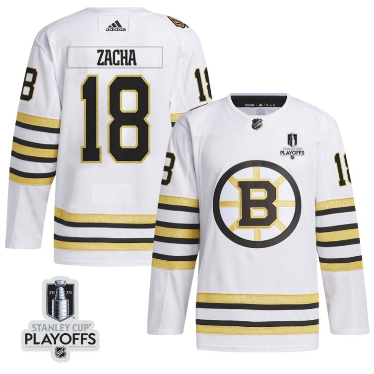 Pavel Zacha 18 Boston Bruins 2024 NHL Playoffs Patch Away Jersey - Men, White