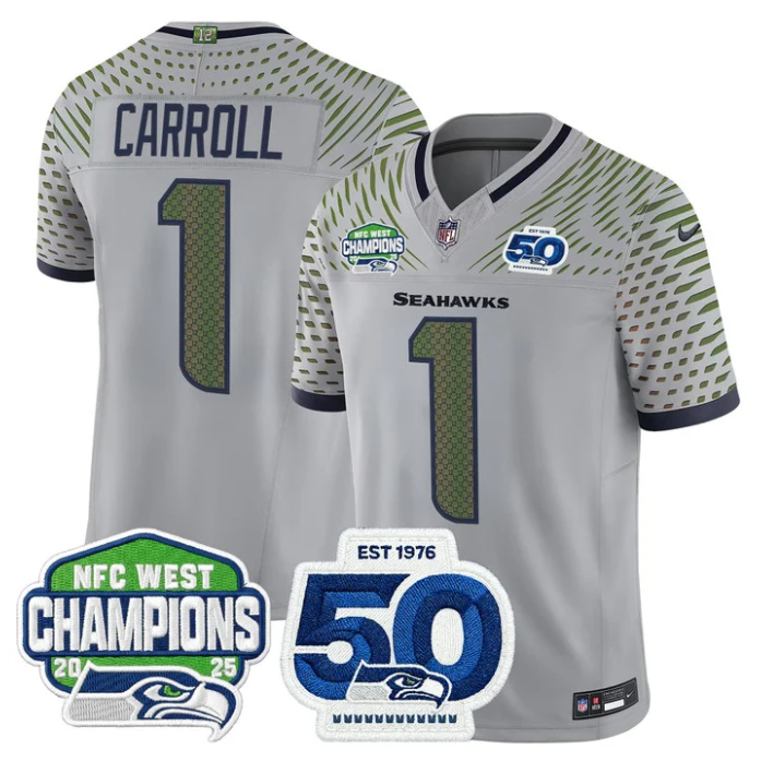 Pete Carroll Jersey #1 NFC West Division Champions 50th 2025 Patch Stitched Gray