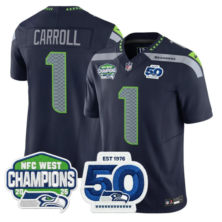 Pete Carroll Jersey #1 NFC West Division Champions 50th 2025 Patch Stitched Navy