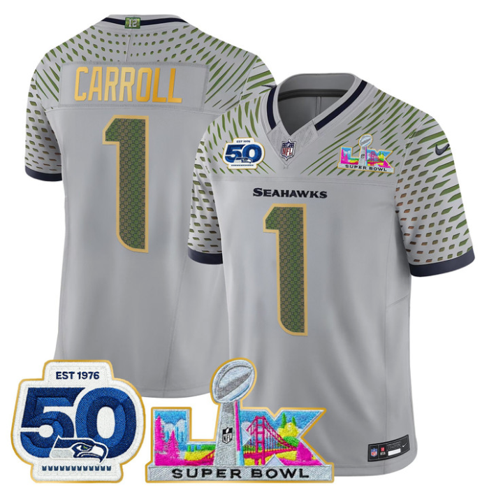 Pete Carroll Jersey #1 Super Bowl LX & 50th Patch Gold Trim Stitched