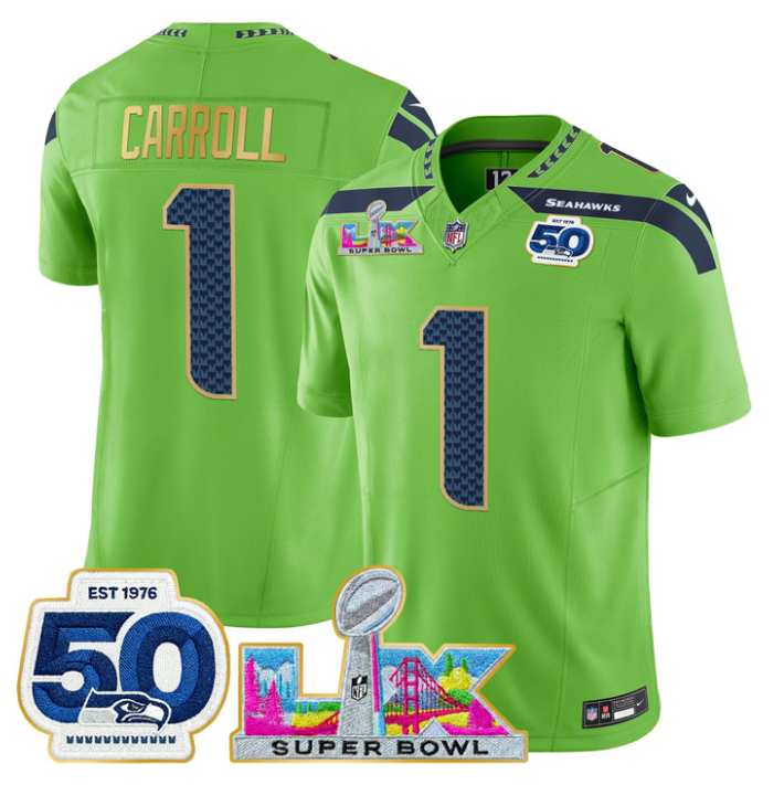 Pete Carroll Jersey #1 Super Bowl LX & 50th Patch Gold Trim Stitched