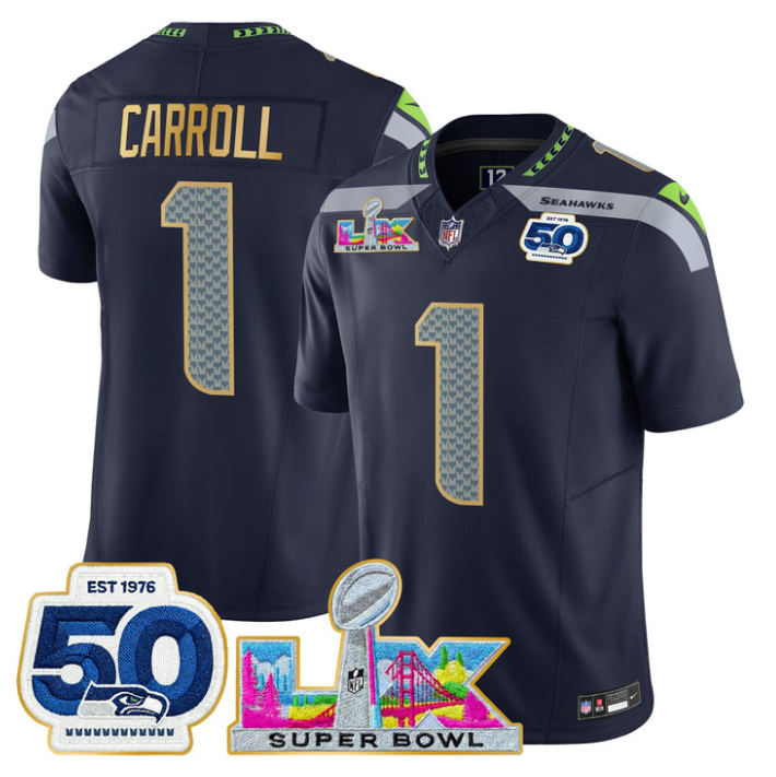 Pete Carroll Jersey #1 Super Bowl LX & 50th Patch Gold Trim Stitched