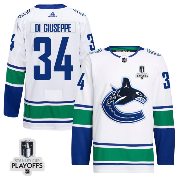 Phillip Di Giuseppe 34 Vancouver Canucks 2024 NHL Playoffs Patch Away Jersey - Men, White