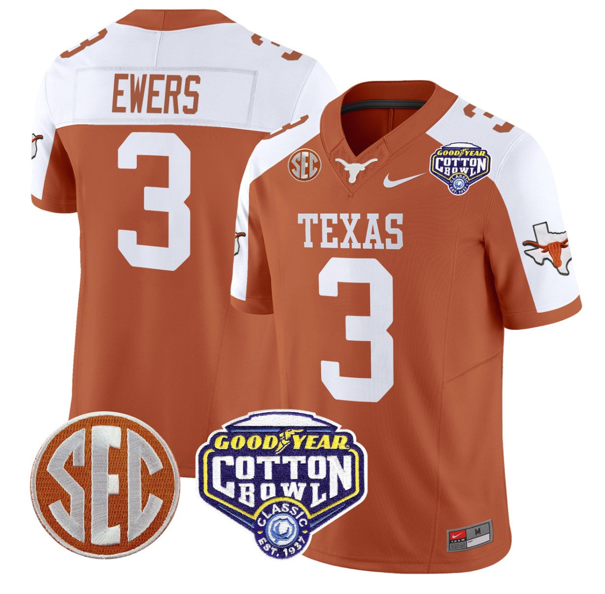 Quinn Ewers Jersey #3 Texas Longhorns Cotton Bowl Patch Stitched Orange Alternate
