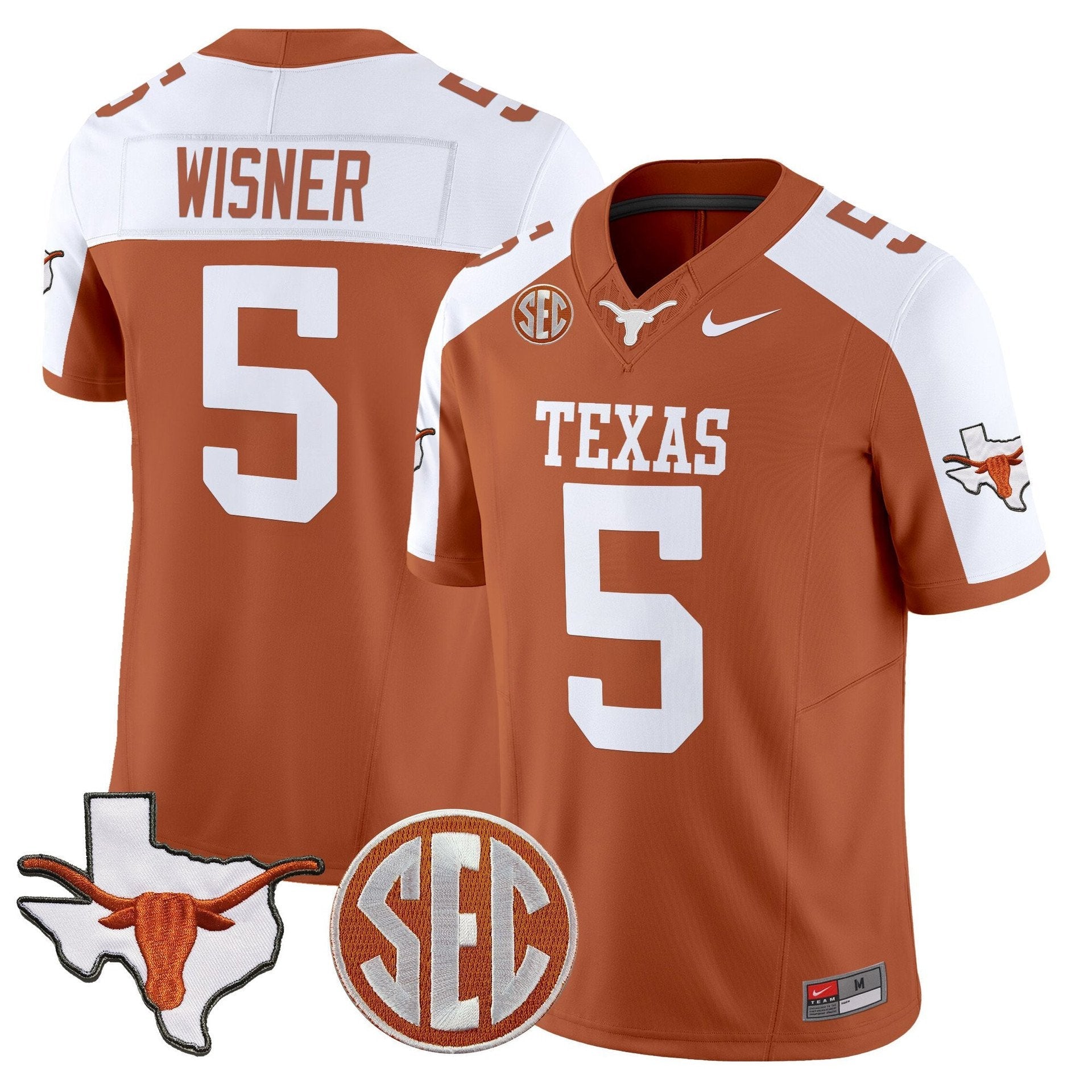 Quintrevion Wisner Jersey #5 Texas Longhorns 2025 State Map SEC Patch Orange Alter