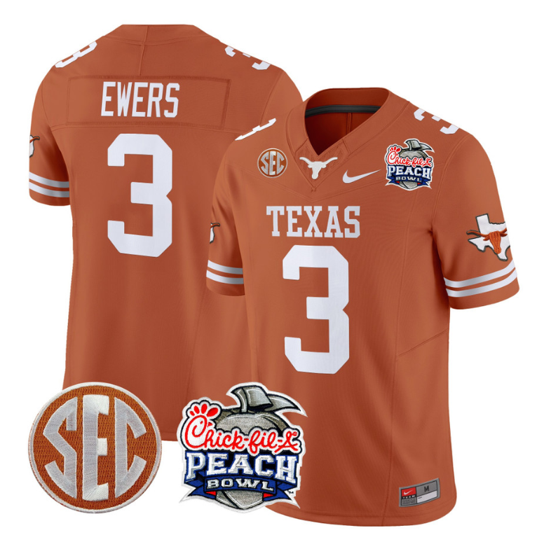 Quinn Ewers Jersey #3 Texas Longhorns Peach Bowl Patch Vapor Texas Orange