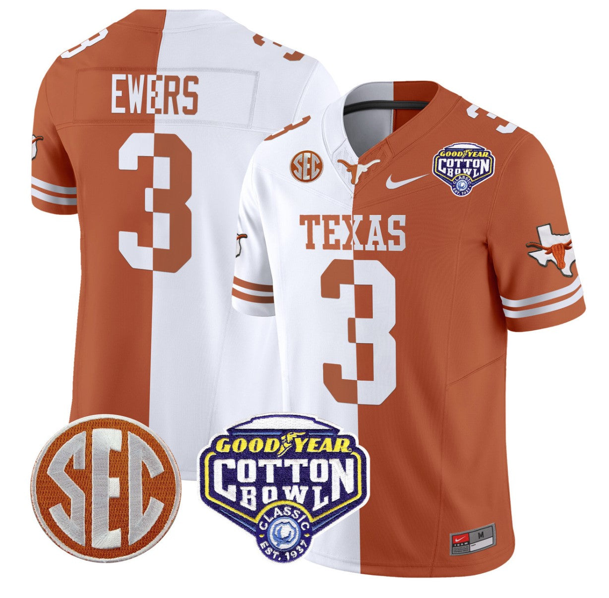 Quinn Ewers Jersey #3 Texas Longhorns Cotton Bowl Patch Stitched Split