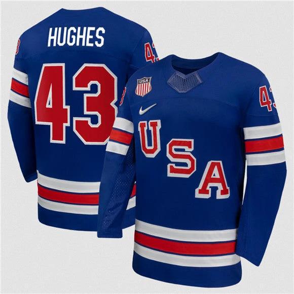 Quinn Hughes Jersey #43 Team USA Winter Olympics 2026 Premium Hockey Stitched Royal