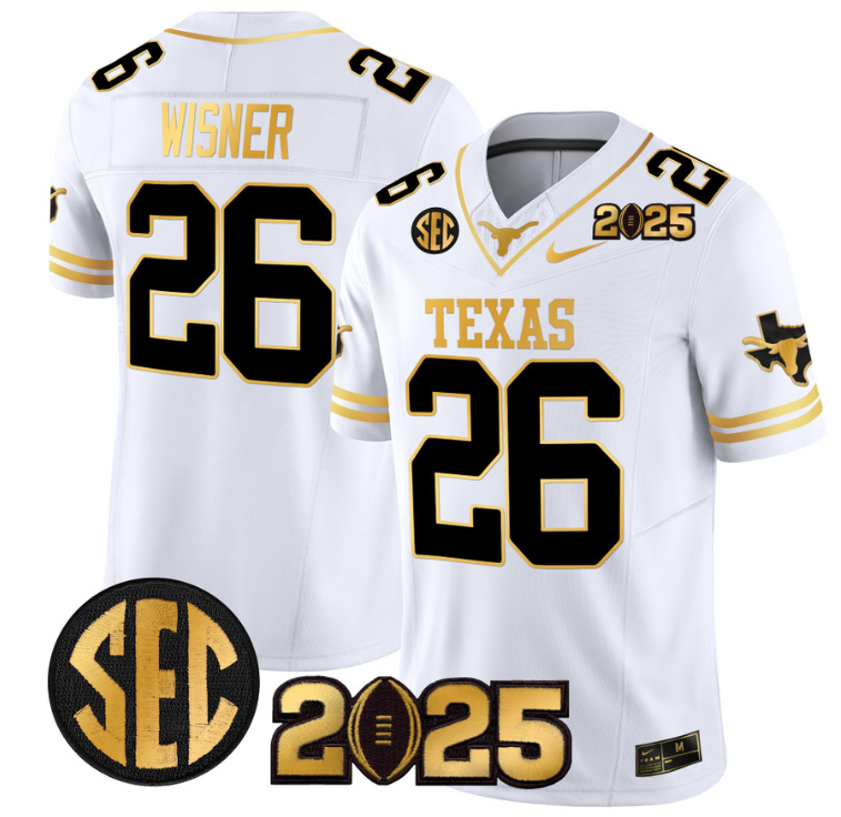 Quintrevion Wisner Jersey #26 Texas Longhorns 2025 CFP Final Patch White Gold