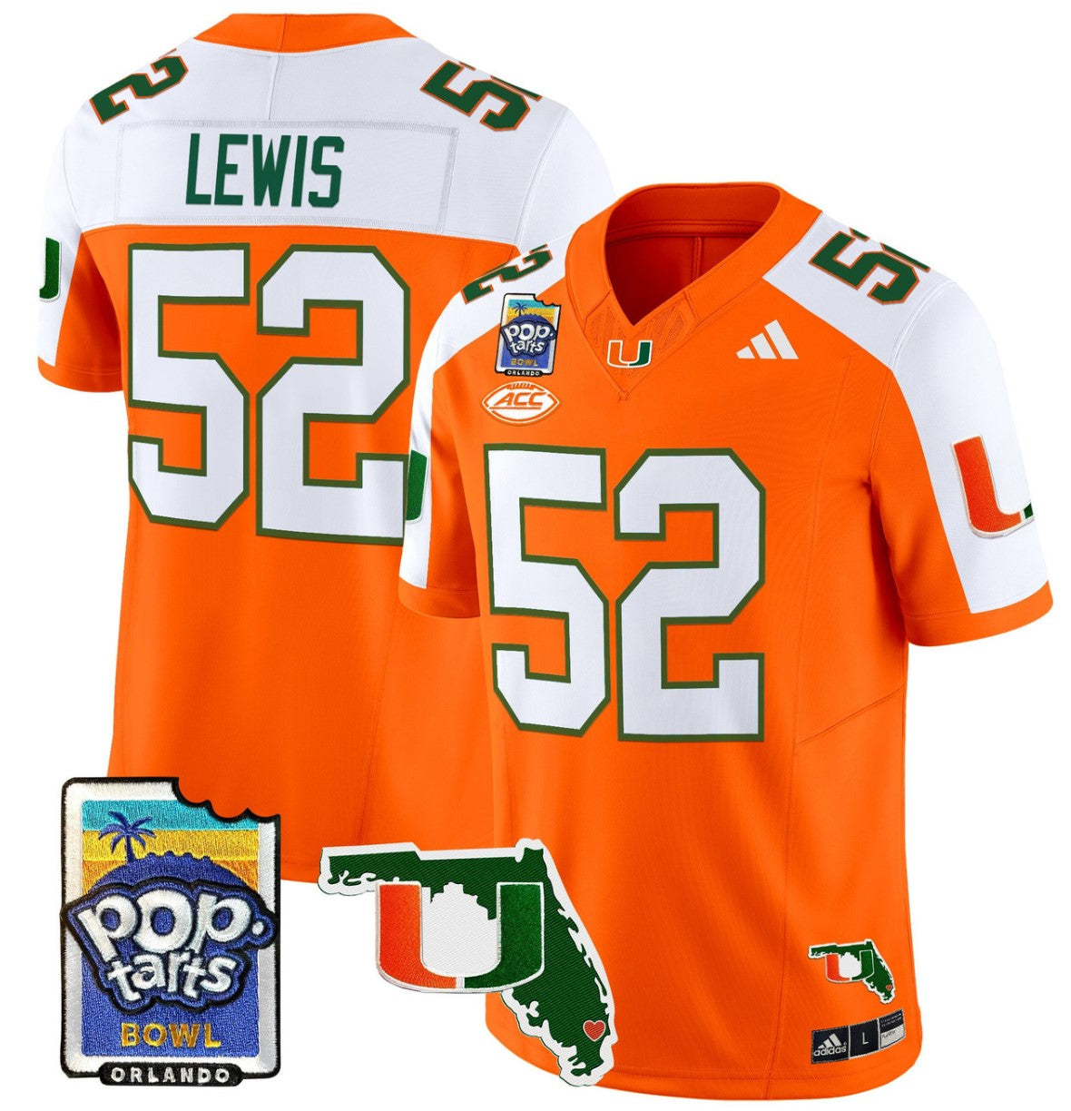Ray Lewis Jersey #52 Miami Hurricanes 2025 PopTarts Bowl Patch Orange Alternate