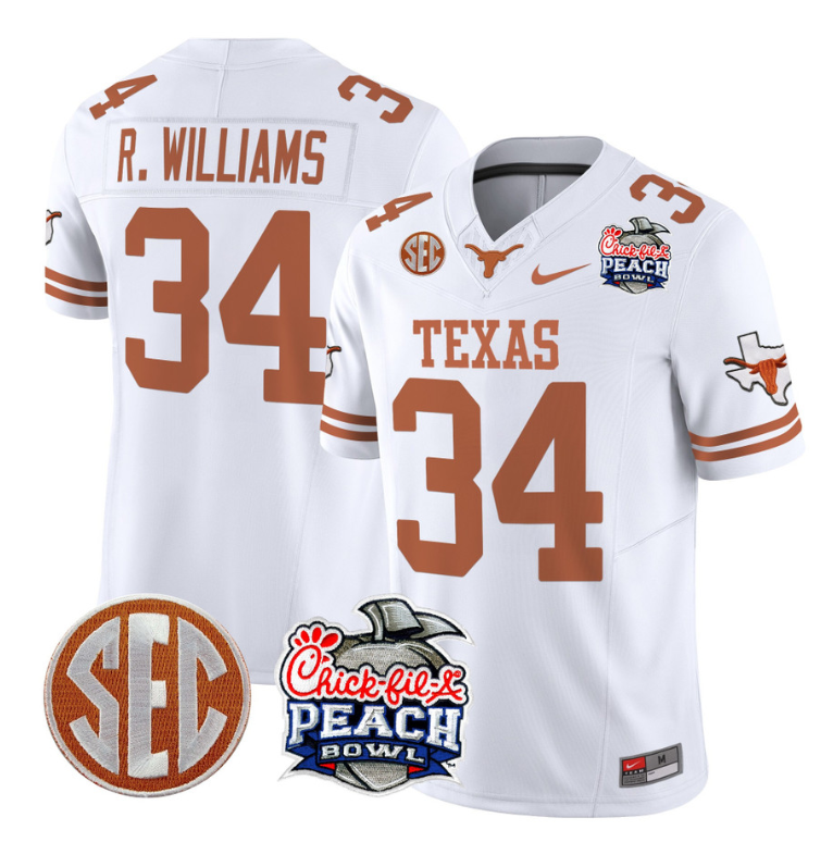 Ricky Williams Jersey #34 Texas Longhorns Peach Bowl Patch Vapor White