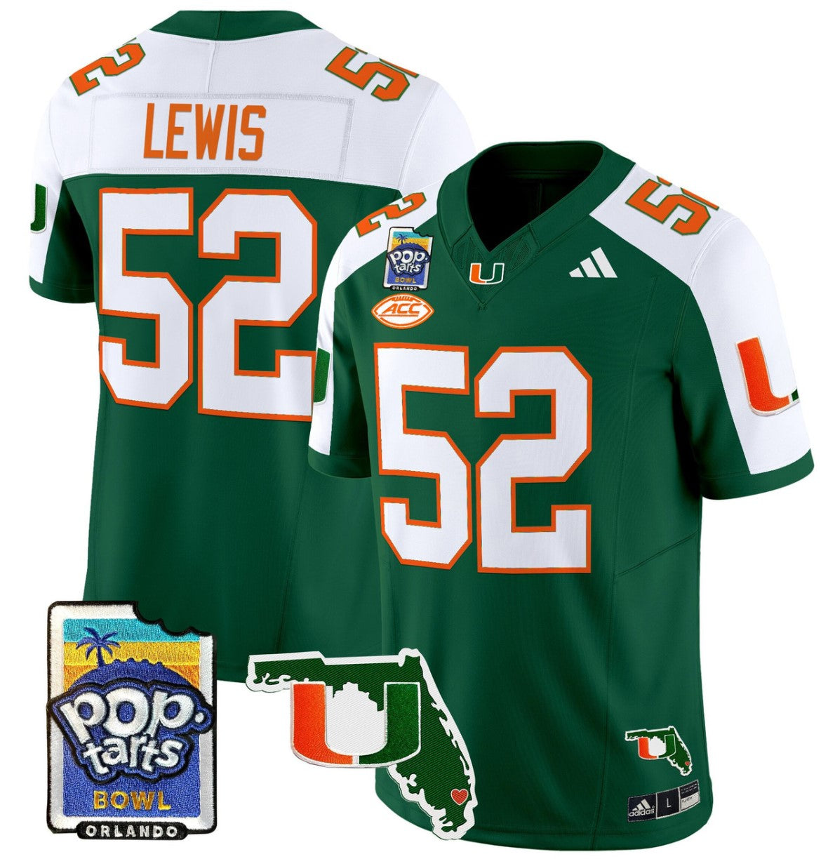 Ray Lewis Jersey #52 Miami Hurricanes 2025 PopTarts Bowl Patch Green Alternate