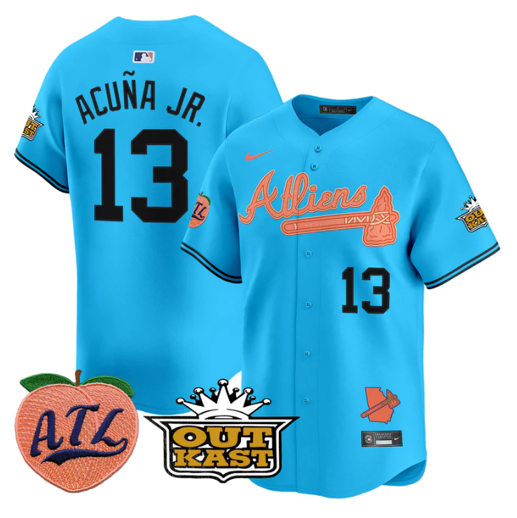 Ronald Acuna Jr Jersey #13 Atlanta Braves Atliens Peach Vapor Premier Limited Stitched Light Blue