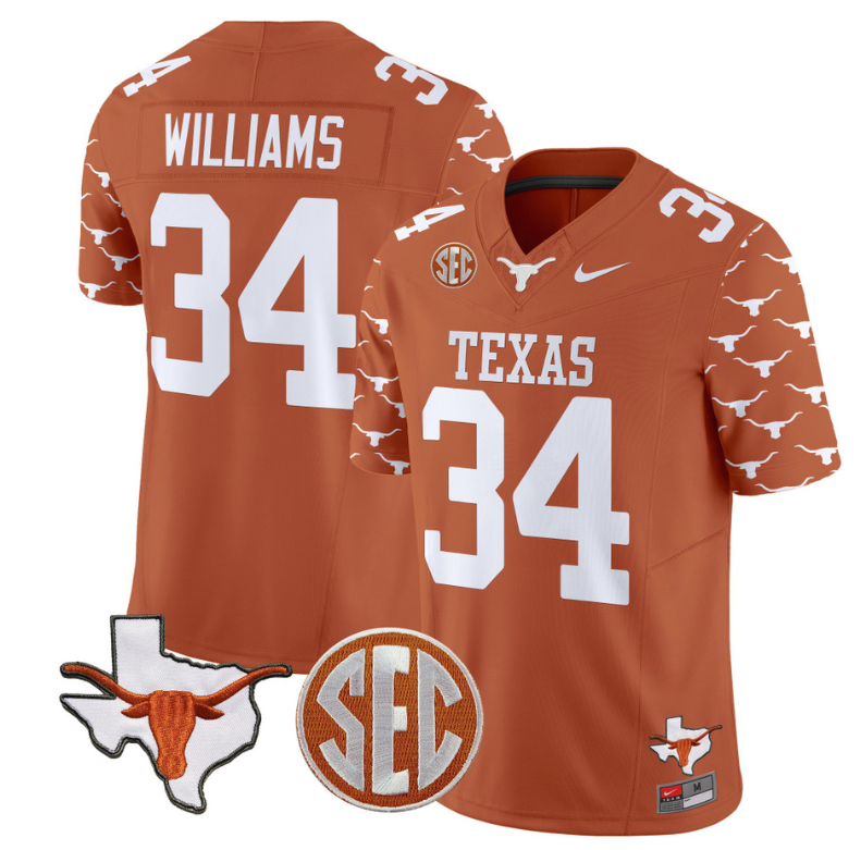 Ricky Williams Jersey #34 Texas Longhorns State Map and Sec Patch Vapor Limited College Football Stitched Texas Orange