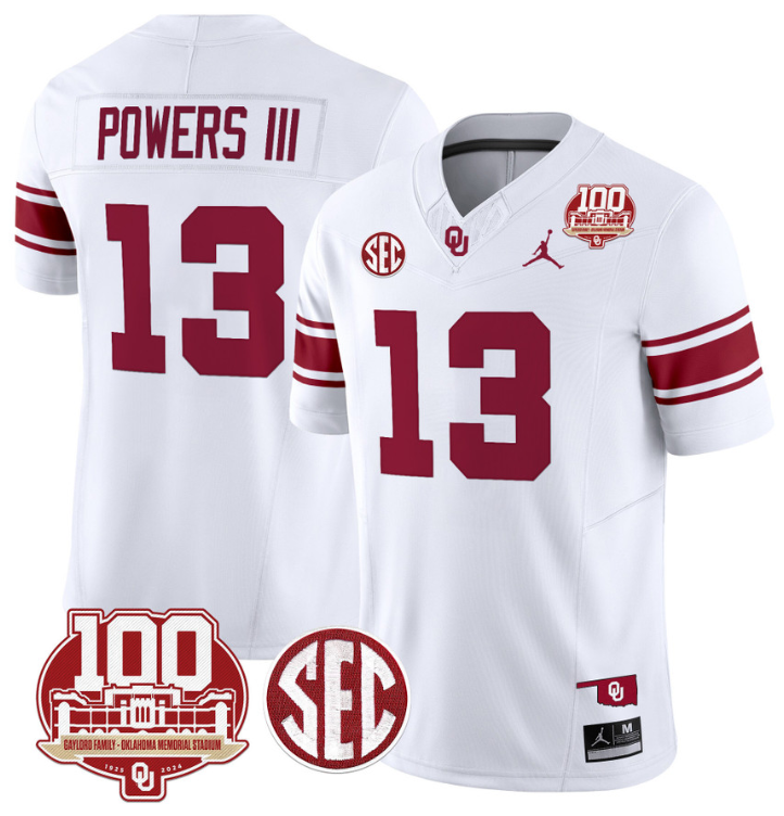 Reggie Powers III Jersey #13 Oklahoma Sooners 100th Anniversary Patch Vapor Limited College Football Stitched White