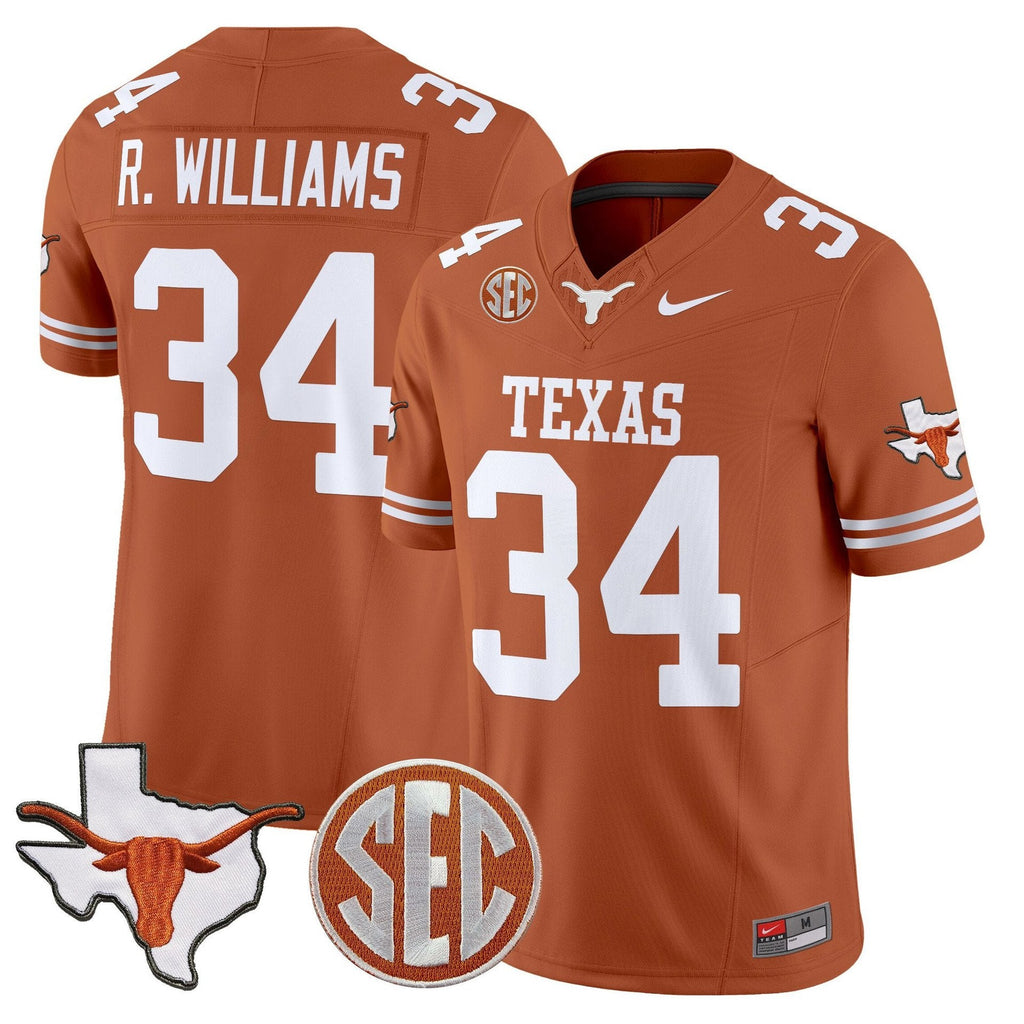 Ricky Williams Jersey #31 Texas Longhorns 2025 State Map SEC Patch Texas Orange