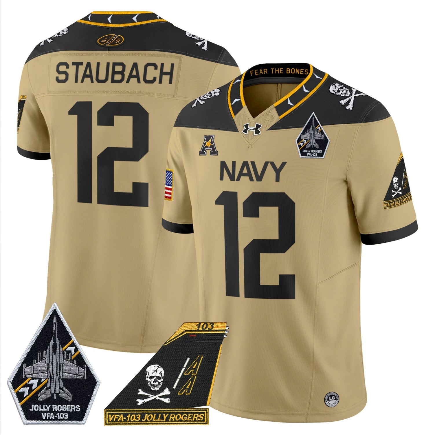 Roger Staubach Jersey #12 Navy Midshipmen 2024 Jolly Rogers Patch Gold