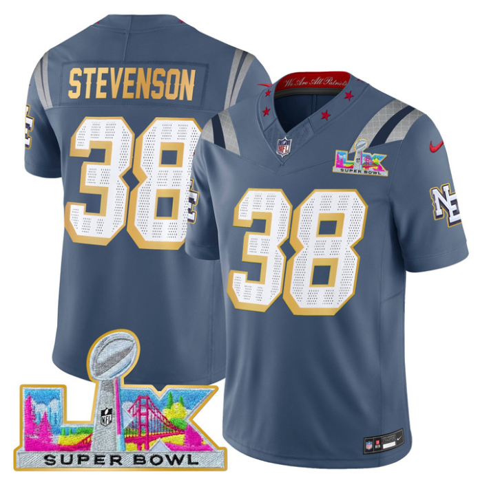 Rhamondre Stevenson Jersey #38 Patriots Super Bowl LX Gold Trim Stitched